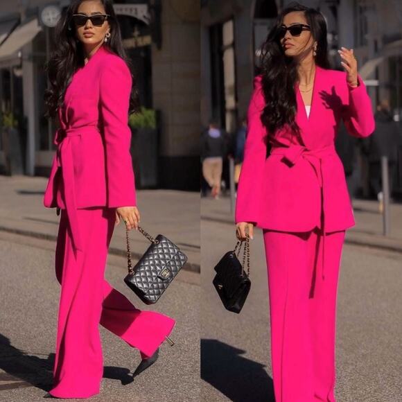 Zara Neon Fuchsia Hot Pink Tuxedo Collar Blazer Single Button Tie Waist Belted - Picture 4 of 11